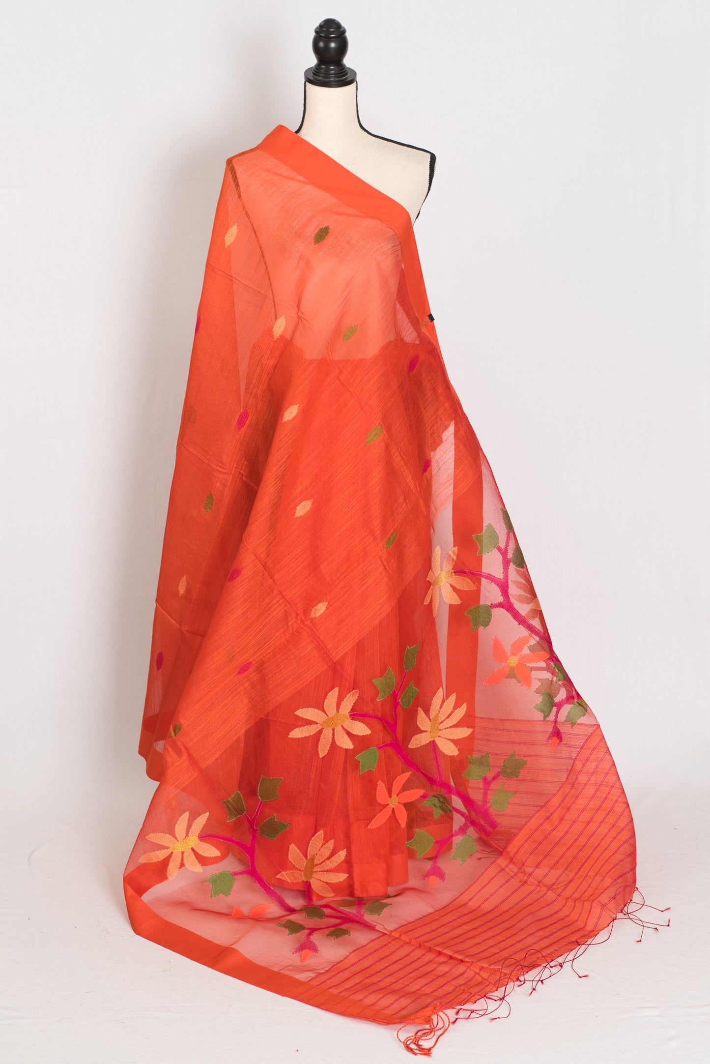 Gayetri: Orange Bengal Linen-Cotton Saree with Resham Jamdani Pallu image 1