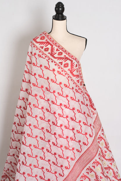Rai : White and Red Blended Cotton Jamdani Saree, Bengali Durga Puja Look image 4