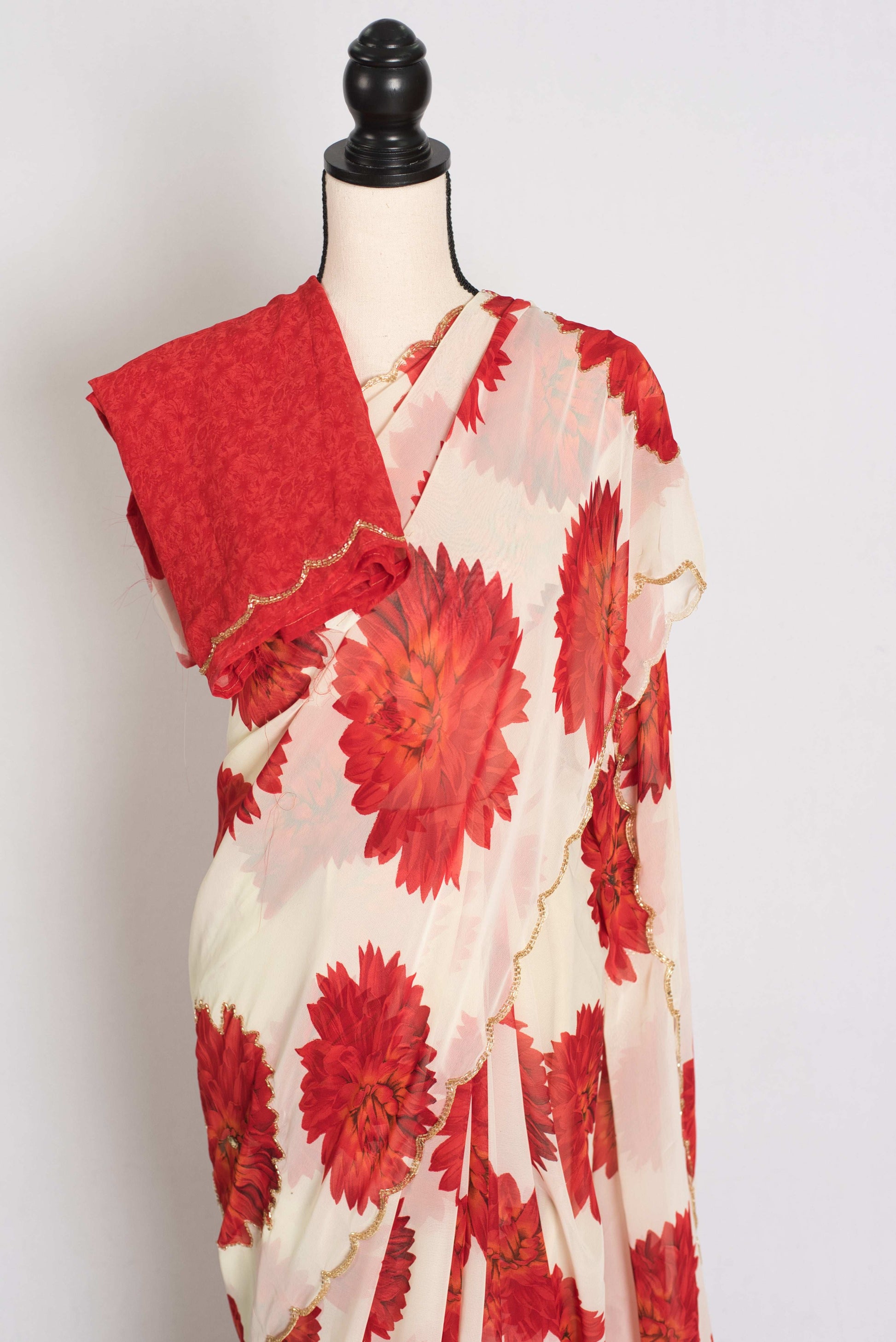 Eesha: Cream and Red Floral Georgette Designer Embroidery Saree image 2