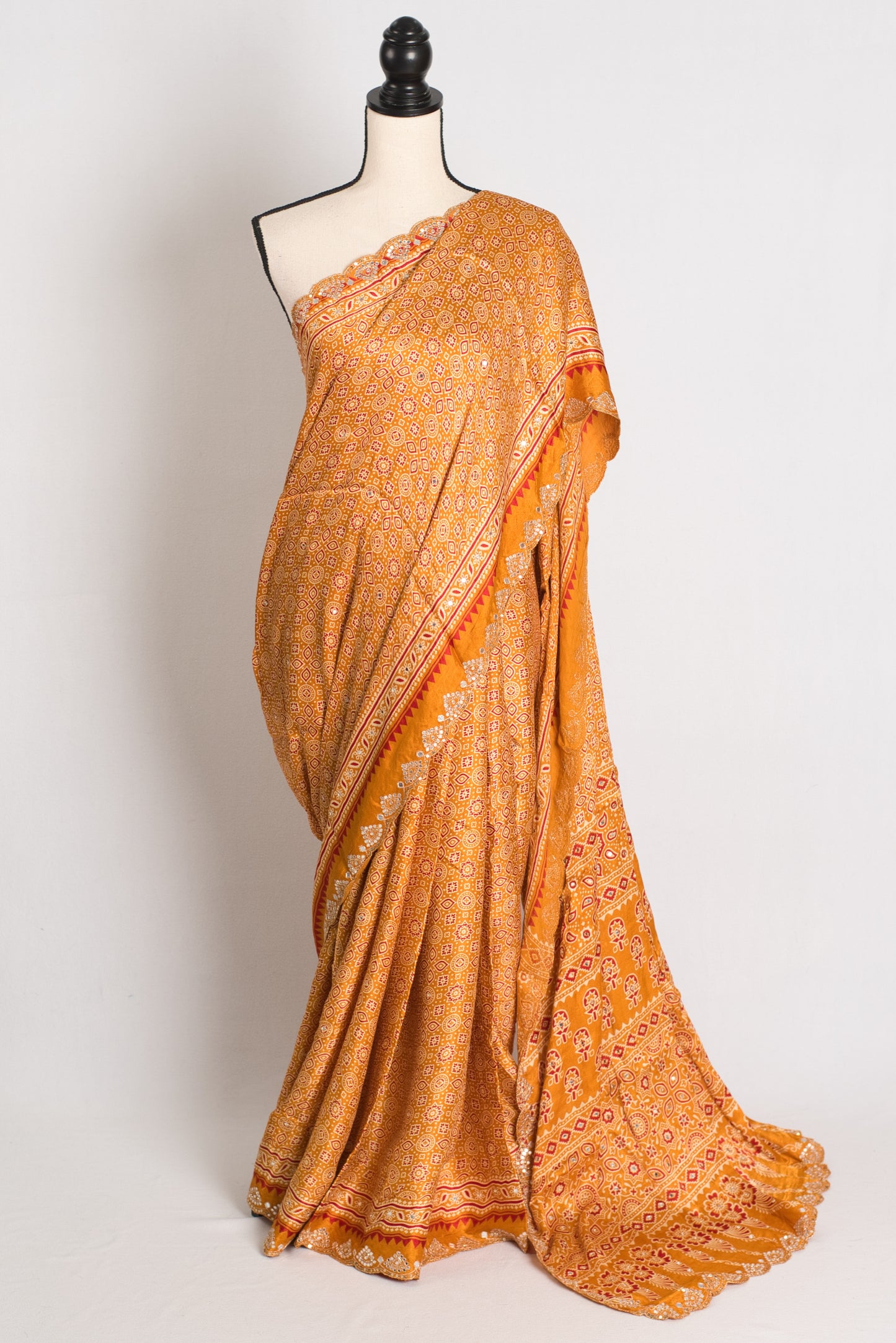 Heema : Yellow Pure Modal Silk Ajrakh Saree with Hand Embroidery Gota Patti Work image 0