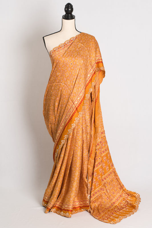 Heema : Yellow Pure Modal Silk Ajrakh Saree with Hand Embroidery Gota Patti Work image 0