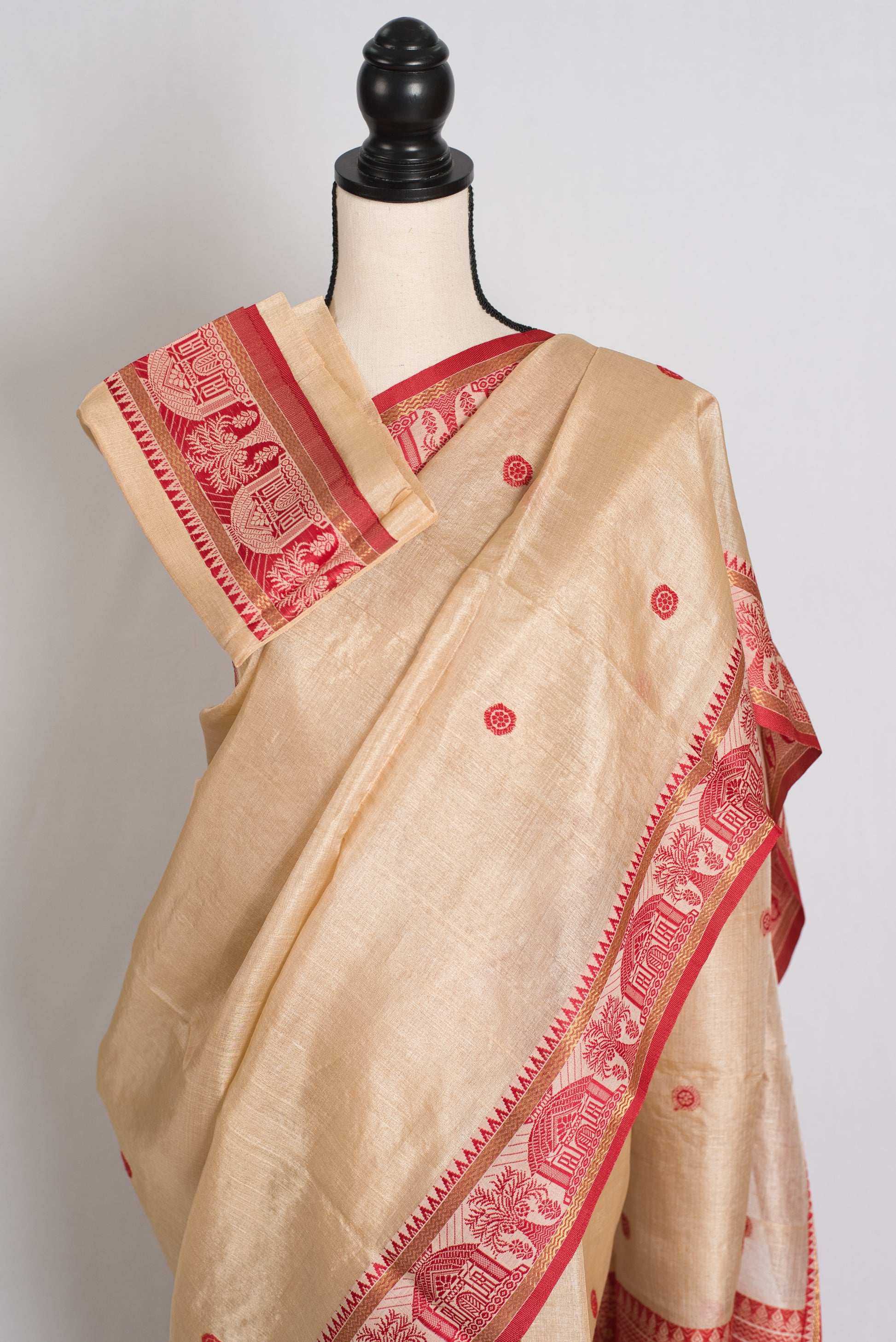 Lopamudra : Bengal Tussar Silk Saree in Beige and Red with Nakshi Border image 2