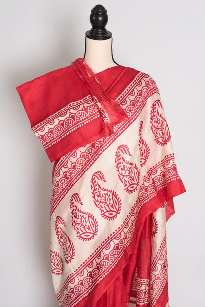 Kasturi : Red and White Hand Block Printed Murshidabad Silk Saree image 2