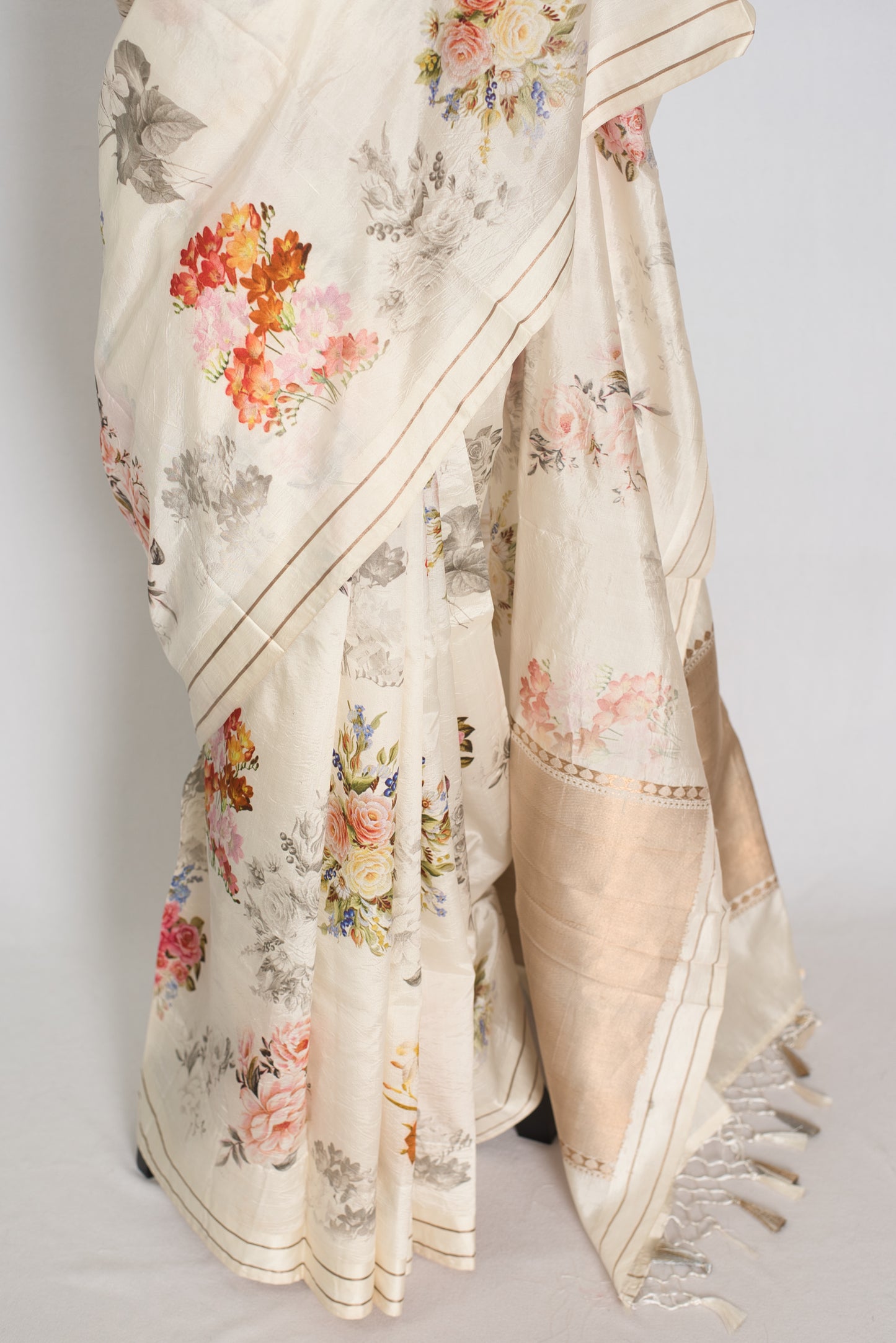 Sheuli : Ivory White Floral Printed Banarasi Katan Silk Saree image 6