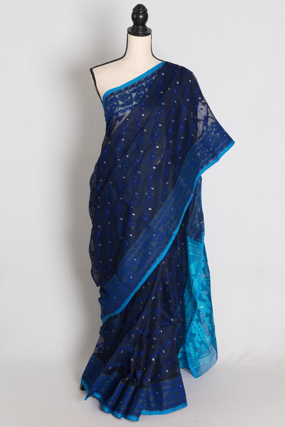 Neela : Midnight Blue & Turquoise Soft Blended Cotton Jamdani Saree image 0