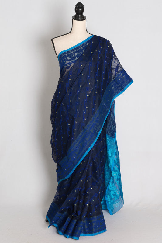 Midnight Blue Jamdani saree — view