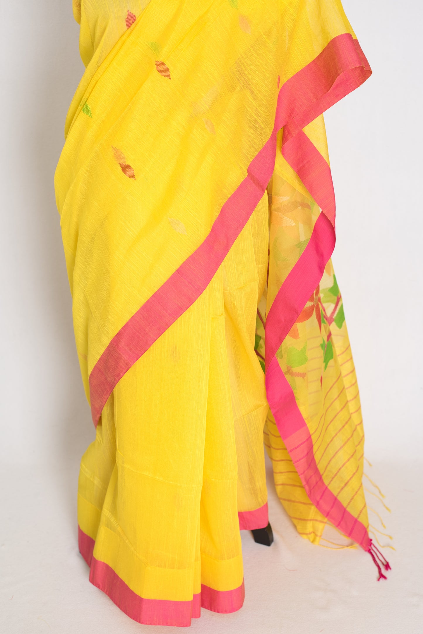 Shruti: Bright Yellow & Pink Bengal Linen-Cotton Saree | Handwoven Jamdani Pallu image 6