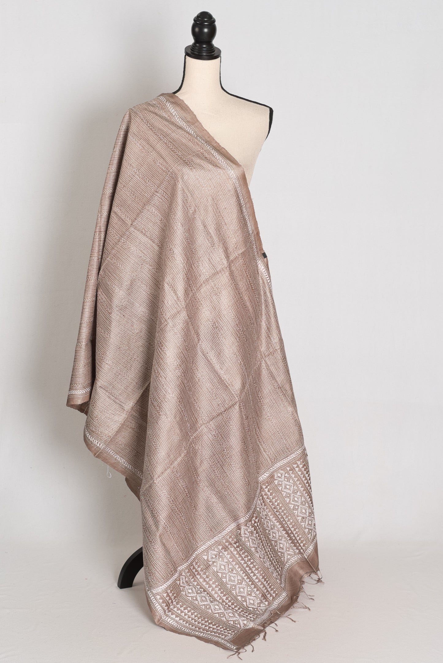 Hand Embroidered Brown & White Gachi Tussar Silk Kantha Dupatta | Neha image 0