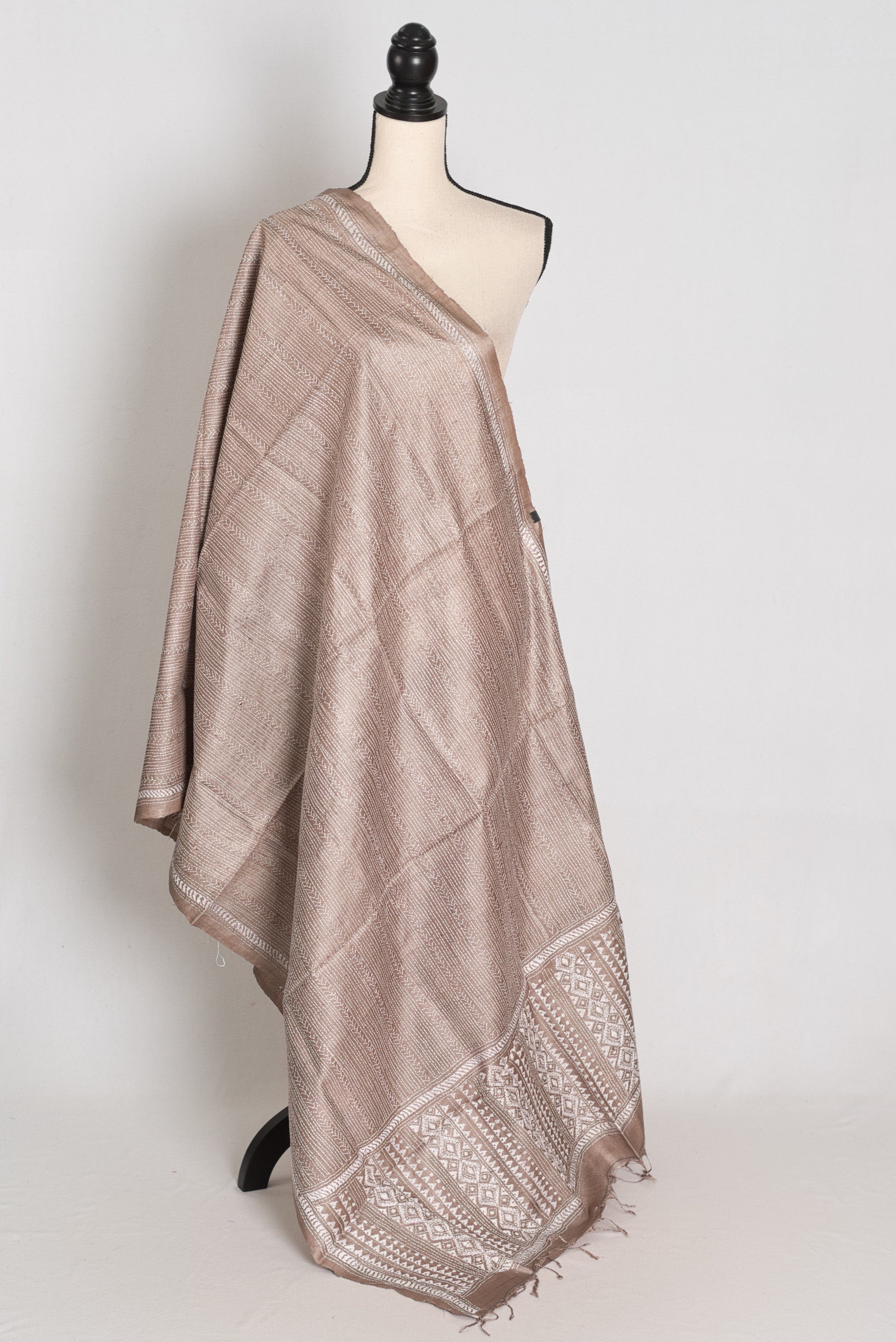 Hand Embroidered Brown & White Gachi Tussar Silk Kantha Dupatta | Neha image 0