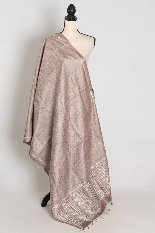 Hand Embroidered Brown & White Gachi Tussar Silk Kantha Dupatta | Neha image 0