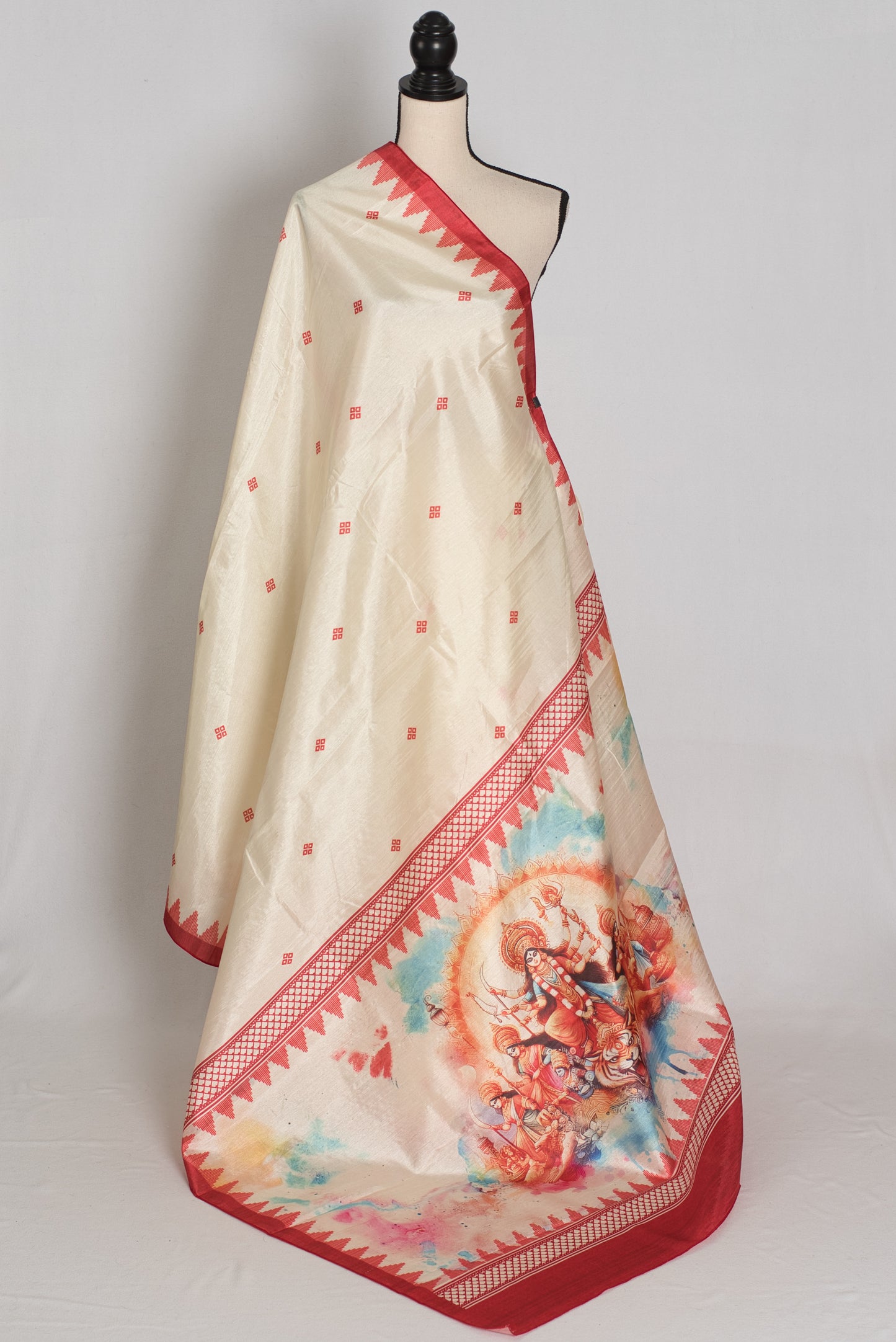 Gauri: Traditional Cream and Red Semi Silk Durga Puja Saree with Durga Pallu image 1