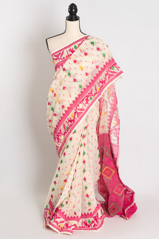 Mehuli | Cream and Pink Soft Cotton Traditional Bengali Jamdani Saree image 0