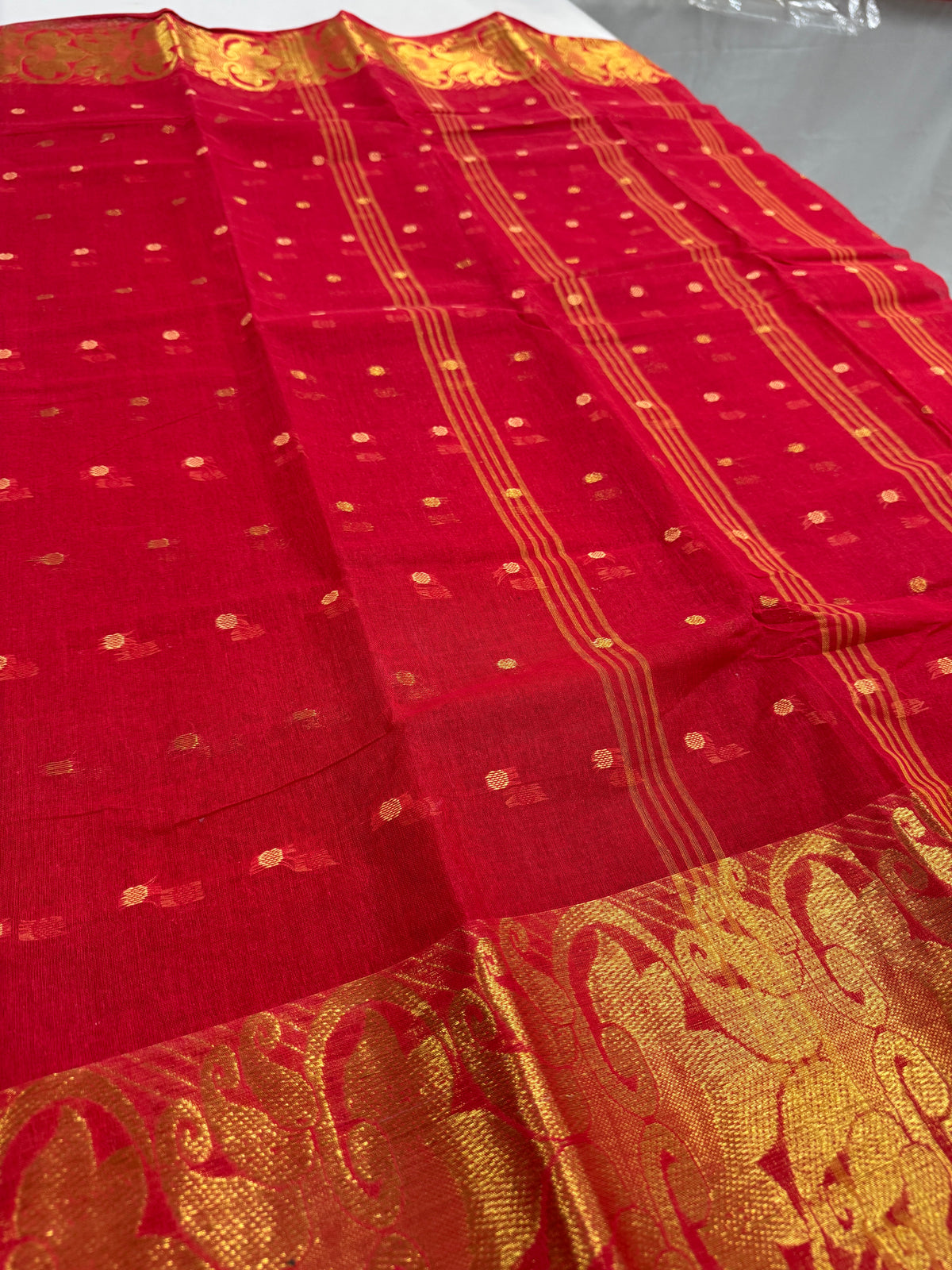 Crimson Red and Gold Tant saree — front view