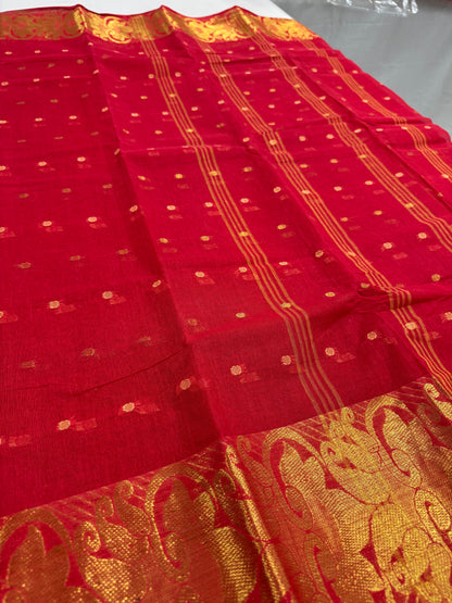 Crimson Red and Gold Tant saree — front view