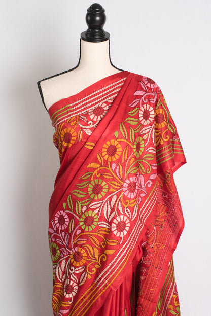 Agni Rekha - Red Blended Silk Hand Embroidered Kantha Stitch Saree image 5