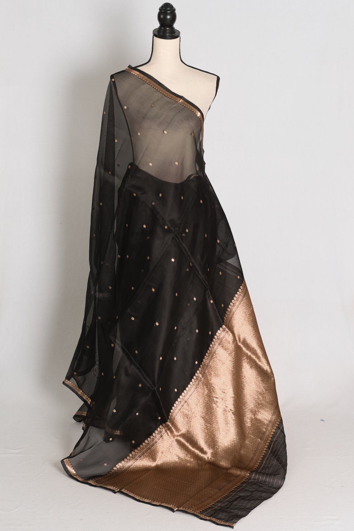 Black and Antique Gold Banarasi saree — front view