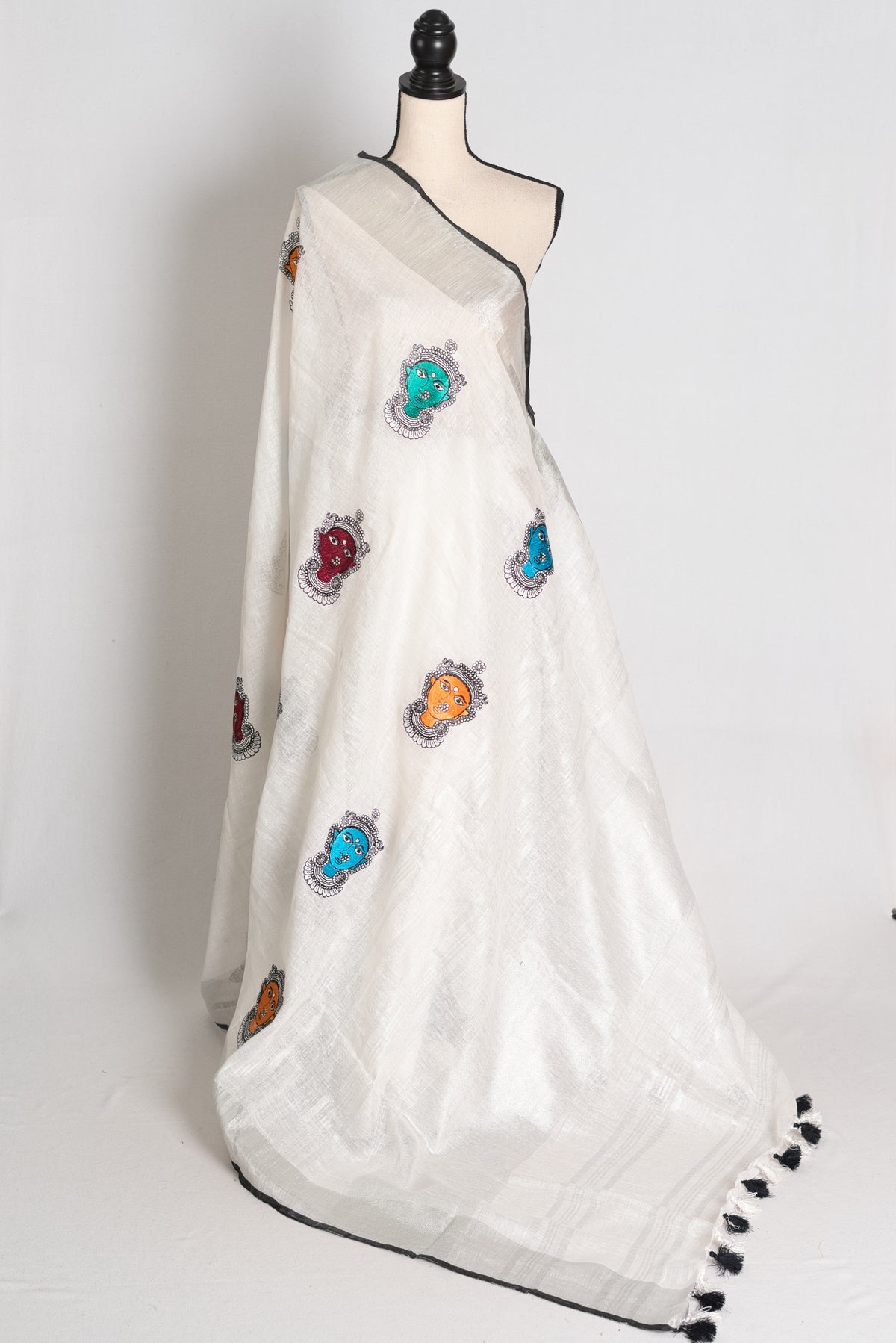 Durga : White Pure Linen Saree with Colorful Durga Face Machine Embroidery image 1