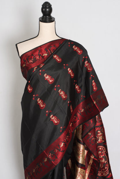 Koli | Midnight Black and Crimson Red Handwoven Baluchari Silk Saree image 5
