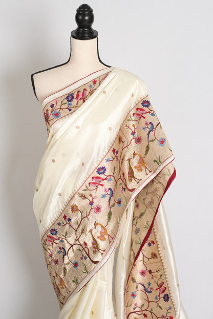 Sandhi : Semi Tussar Silk Embroidered Designer Saree in Off White and Gold image 6