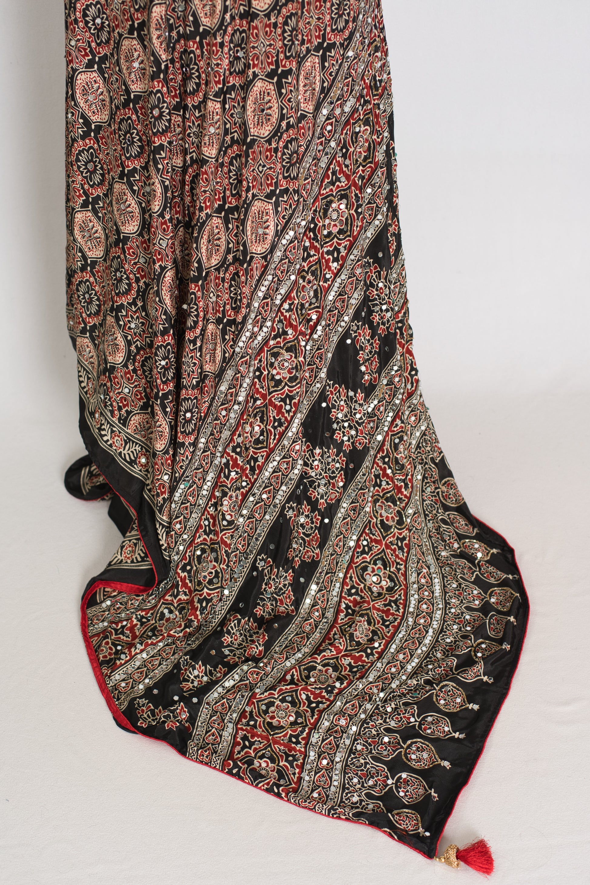 Aliya | Black Ajrakh Printed Mirror Work Saree| Bollywood Inspired Partywear image 3
