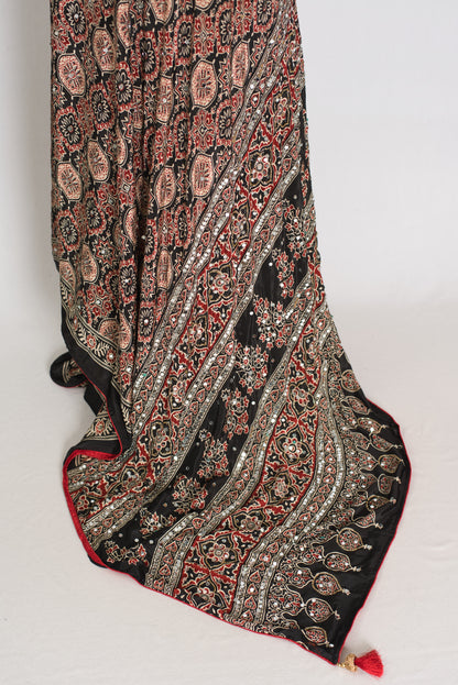 Aliya | Black Ajrakh Printed Mirror Work Saree| Bollywood Inspired Partywear image 3