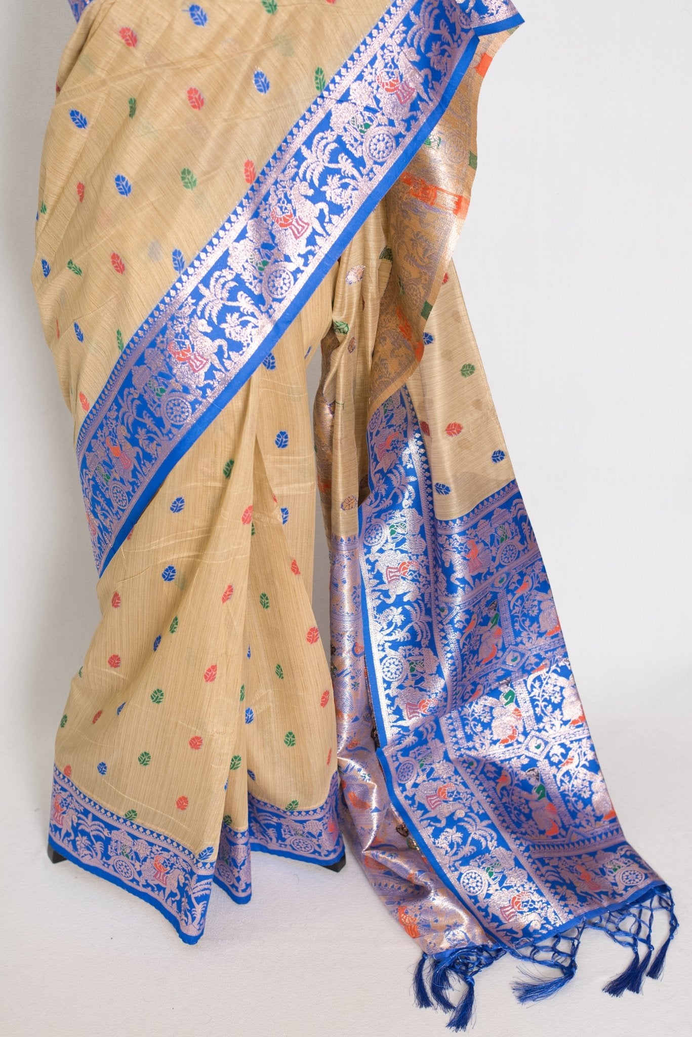 Aai: Royal Blue & Beige Blended Cotton Baluchari Saree | Mythological Motif Work - Saree Mandi