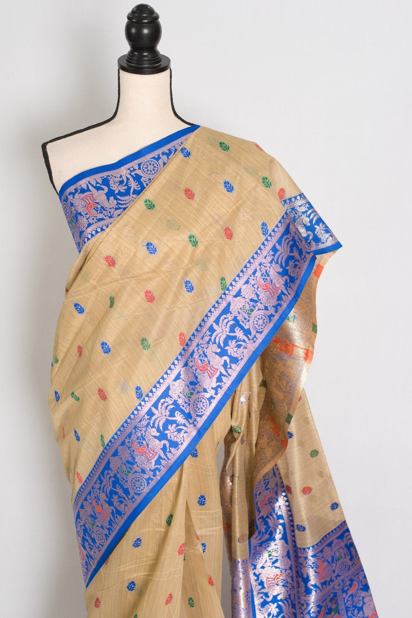 Aai: Royal Blue & Beige Blended Cotton Baluchari Saree | Mythological Motif Work - Saree Mandi