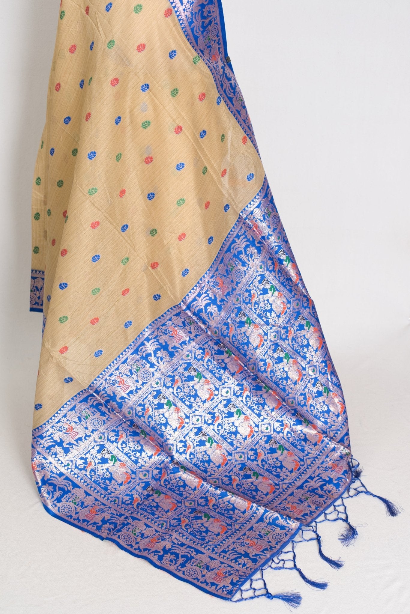 Aai: Royal Blue & Beige Blended Cotton Baluchari Saree | Mythological Motif Work - Saree Mandi