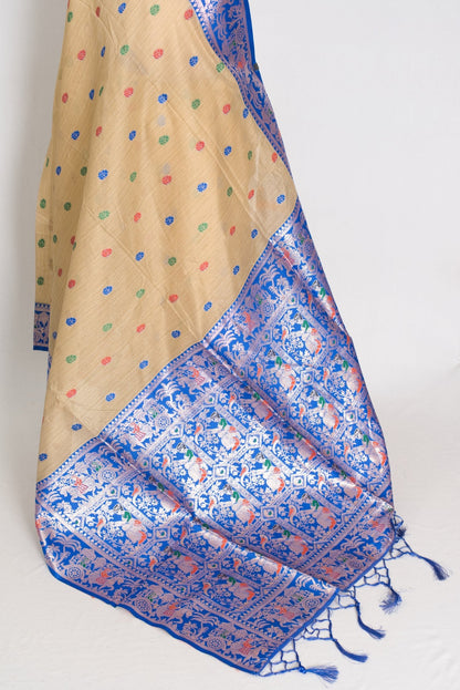 Aai: Royal Blue & Beige Blended Cotton Baluchari Saree | Mythological Motif Work - Saree Mandi