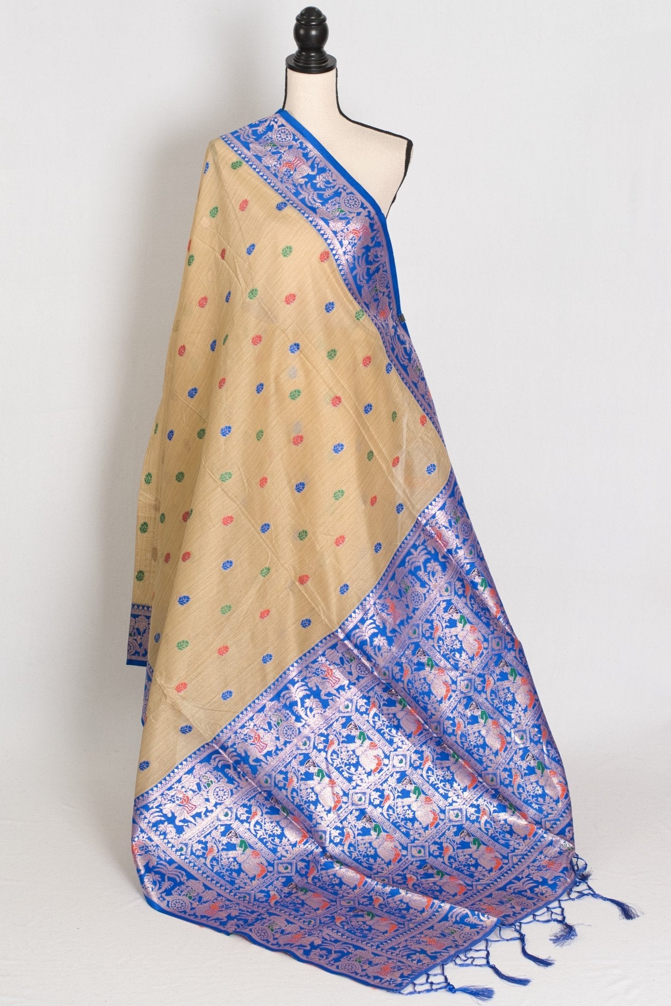 Aai: Royal Blue & Beige Blended Cotton Baluchari Saree | Mythological Motif Work - Saree Mandi