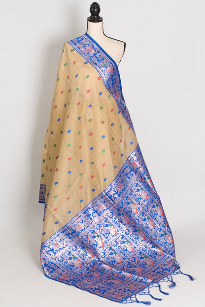 Aai: Royal Blue & Beige Blended Cotton Baluchari Saree | Mythological Motif Work - Saree Mandi