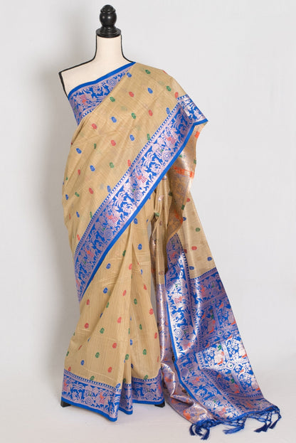 Aai: Royal Blue & Beige Blended Cotton Baluchari Saree | Mythological Motif Work - Saree Mandi
