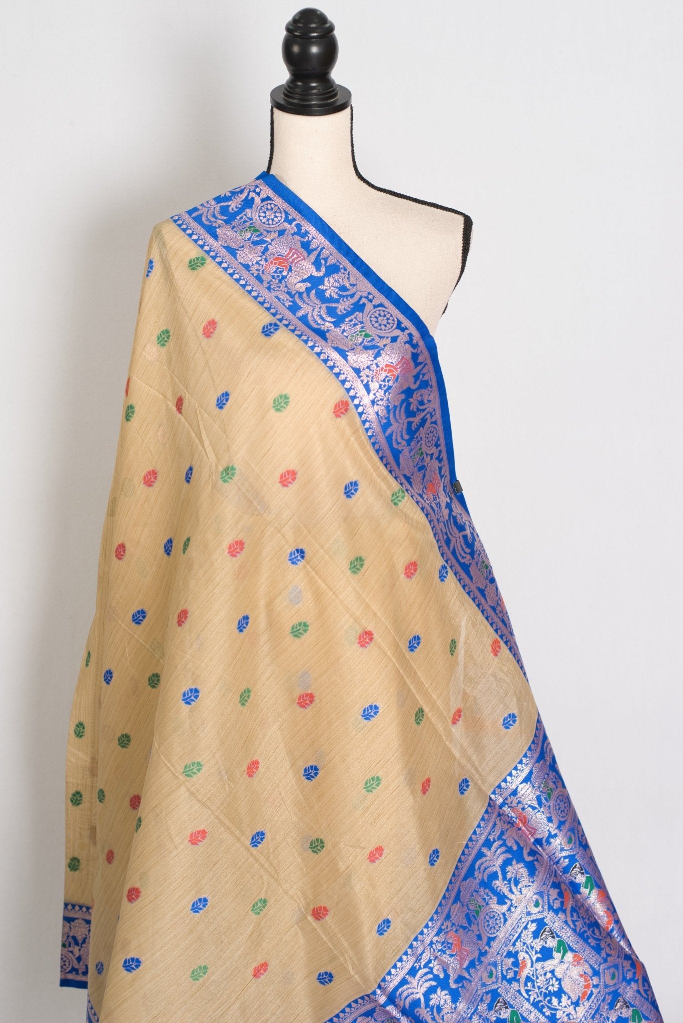 Aai: Royal Blue & Beige Blended Cotton Baluchari Saree | Mythological Motif Work - Saree Mandi