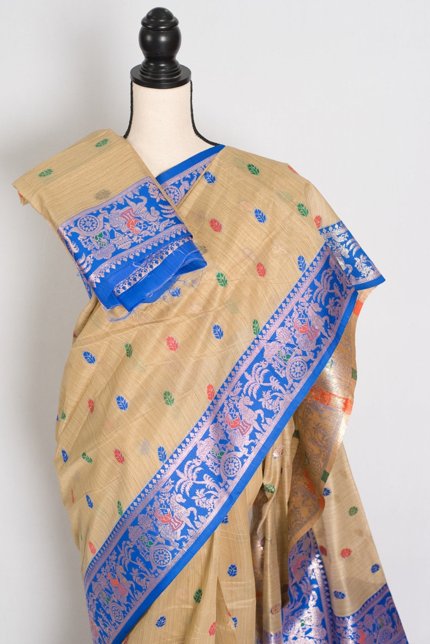 Aai: Royal Blue & Beige Blended Cotton Baluchari Saree | Mythological Motif Work - Saree Mandi