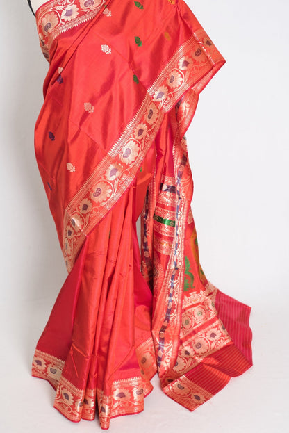Aarna : Traditional Revival Baluchari Silk Saree from Bengal in Orangish Red - Saree Mandi