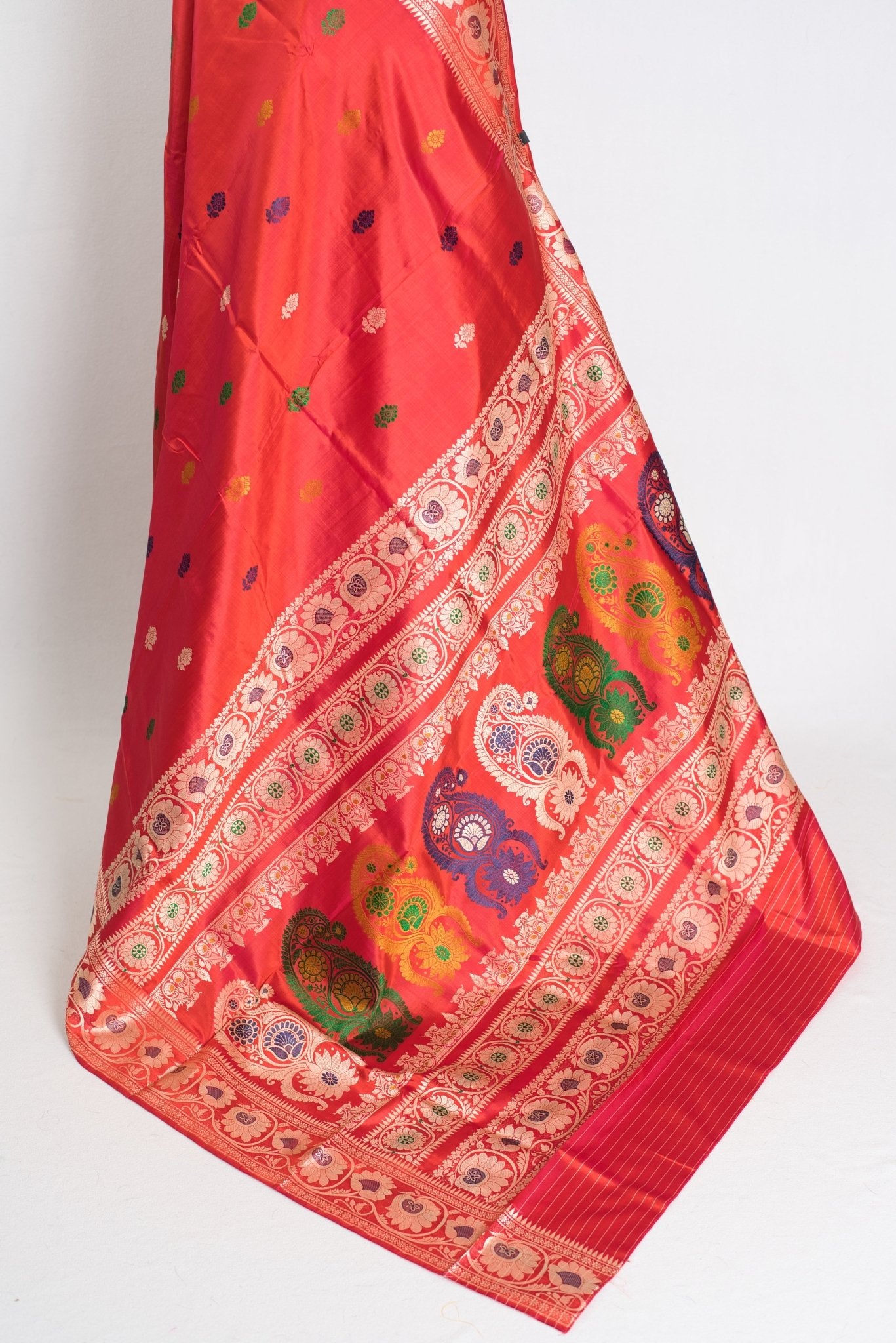 Aarna : Traditional Revival Baluchari Silk Saree from Bengal in Orangish Red - Saree Mandi