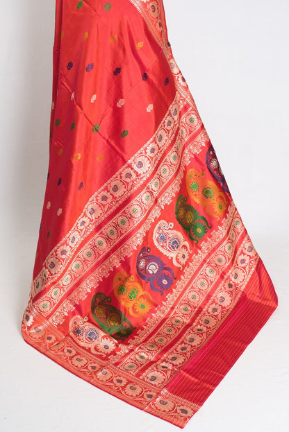 Aarna : Traditional Revival Baluchari Silk Saree from Bengal in Orangish Red - Saree Mandi