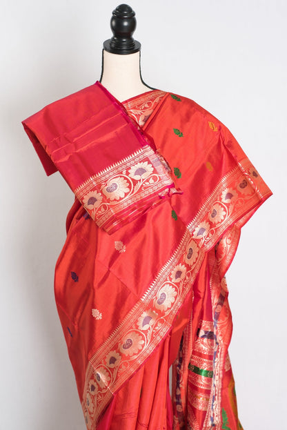 Aarna : Traditional Revival Baluchari Silk Saree from Bengal in Orangish Red - Saree Mandi
