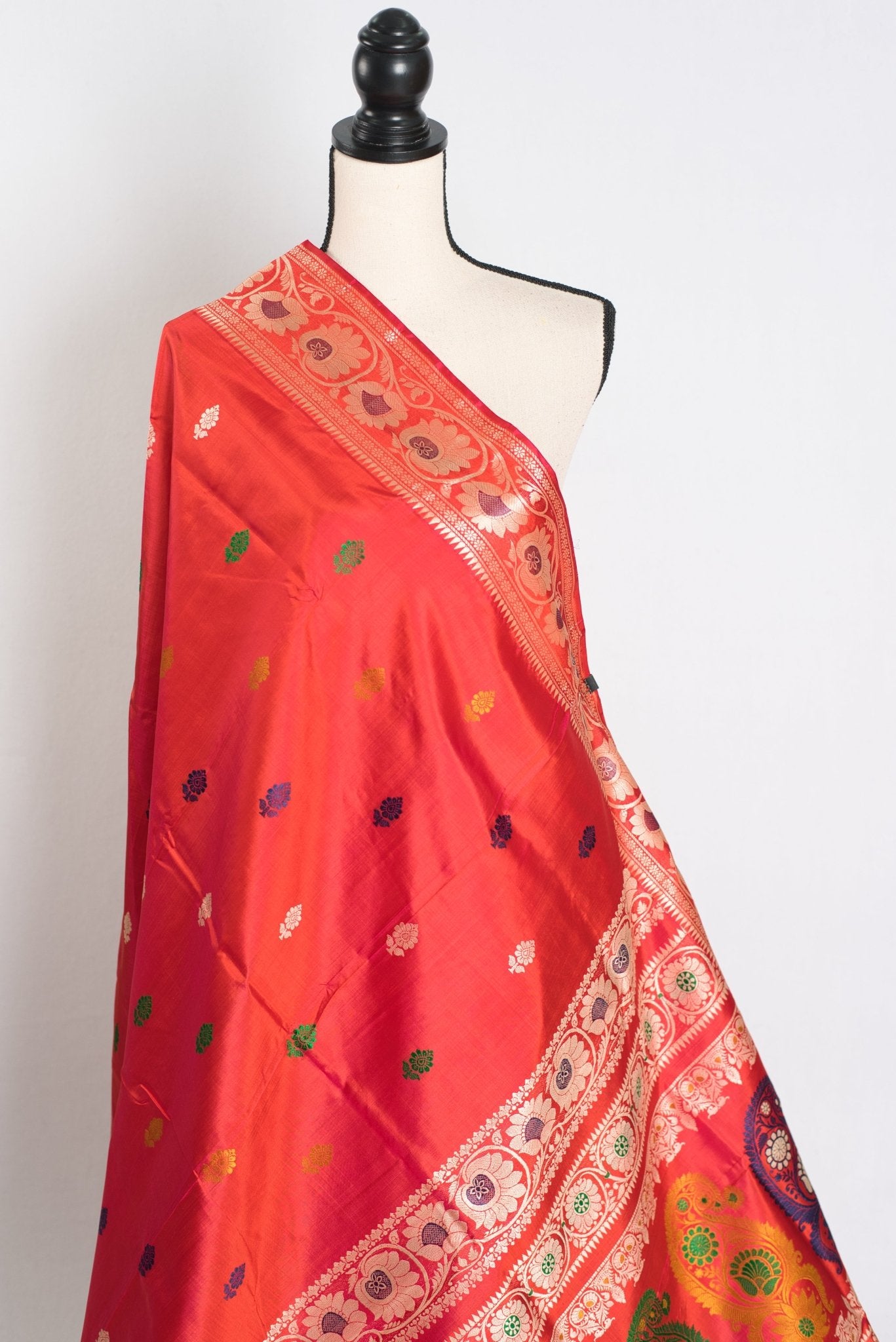 Aarna : Traditional Revival Baluchari Silk Saree from Bengal in Orangish Red - Saree Mandi