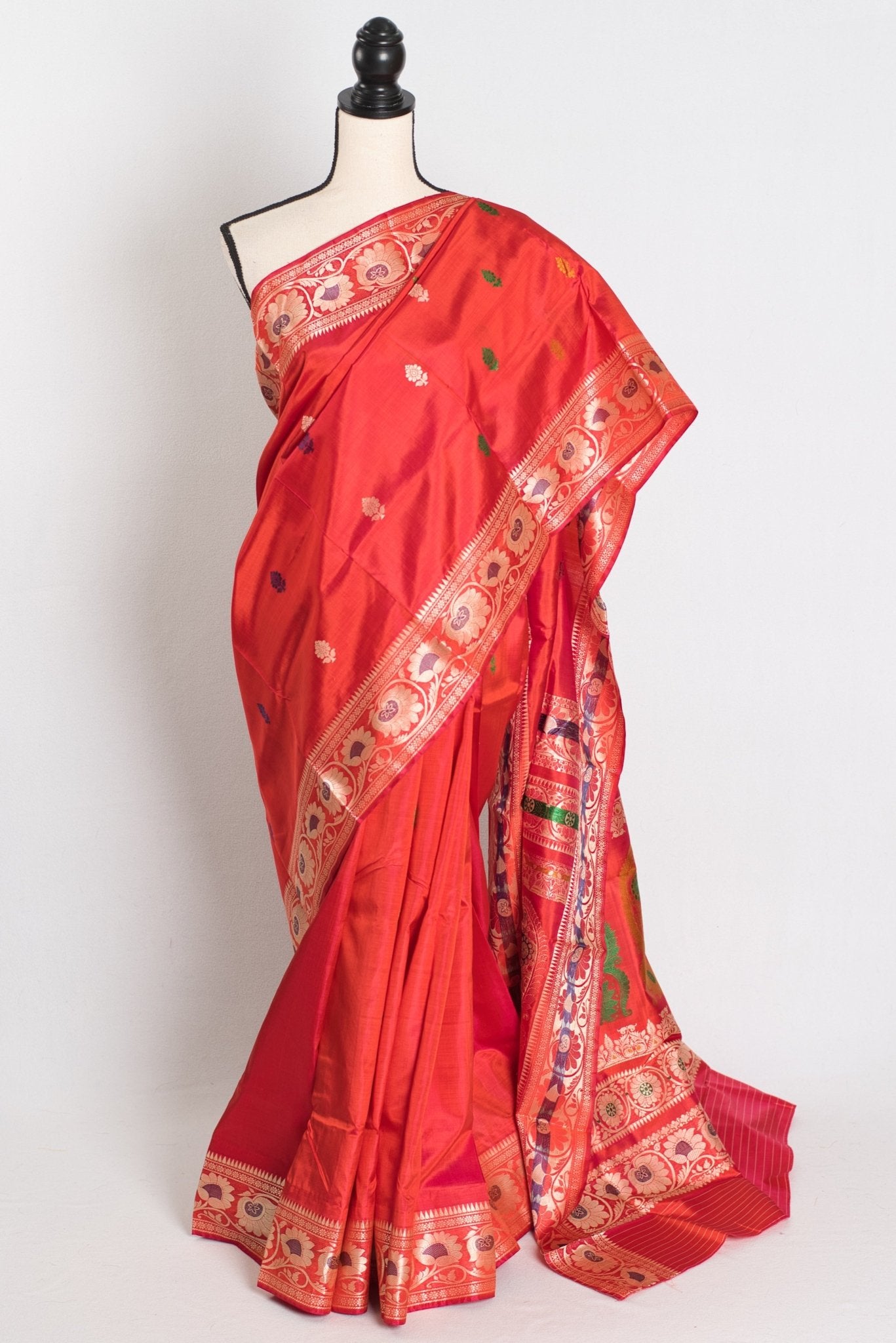 Aarna : Traditional Revival Baluchari Silk Saree from Bengal in Orangish Red - Saree Mandi