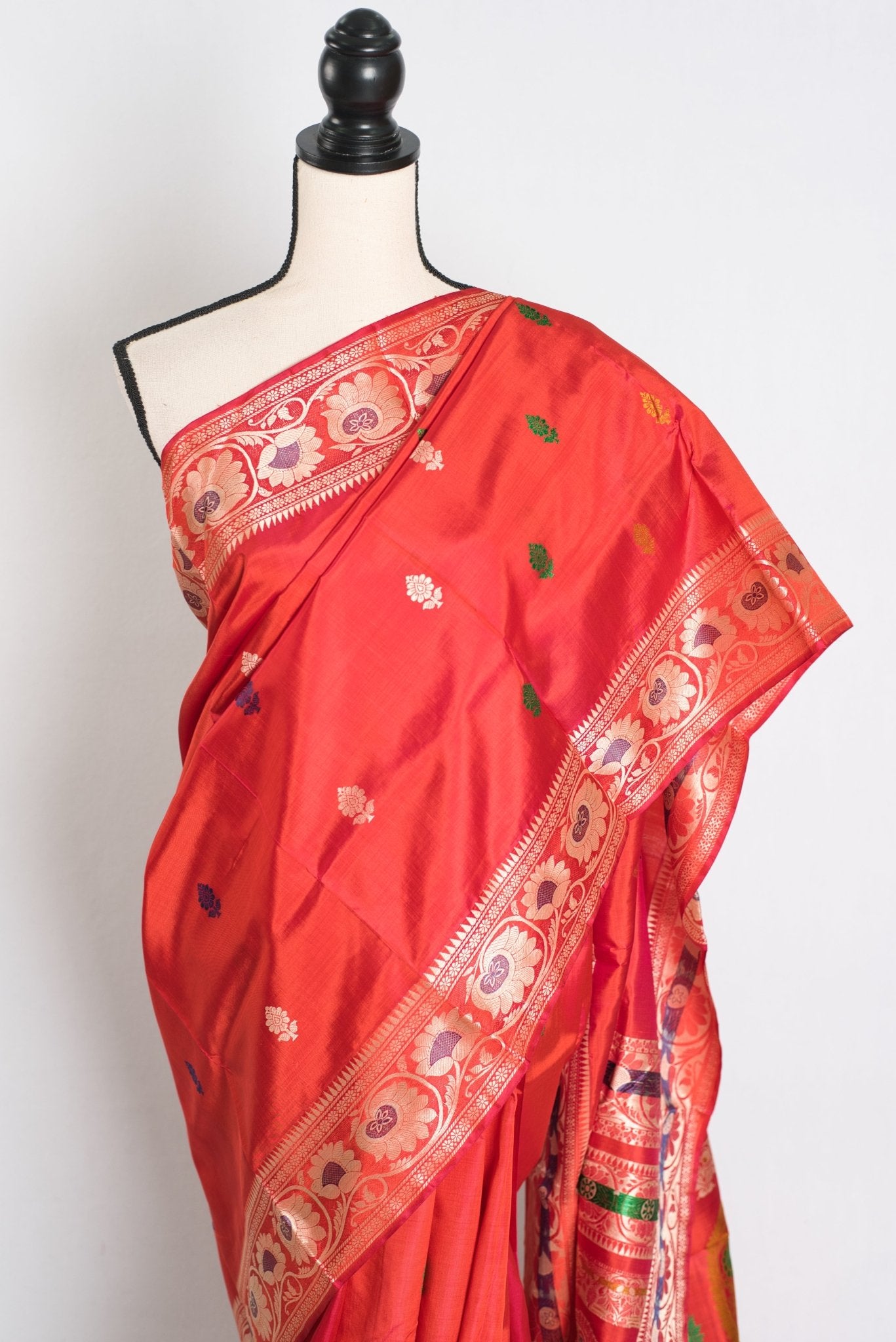 Aarna : Traditional Revival Baluchari Silk Saree from Bengal in Orangish Red - Saree Mandi