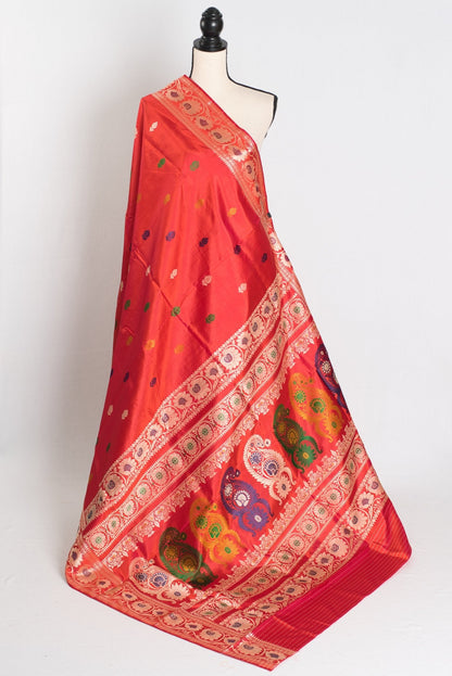Aarna : Traditional Revival Baluchari Silk Saree from Bengal in Orangish Red - Saree Mandi