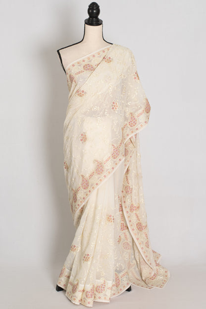 Shaba : Off-White Georgette Embroidered Cocktail Partywear Saree image 0