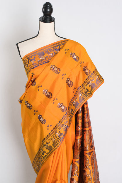 Bidisha : Traditional Baluchari Silk Saree from Bengal in Orange image 6