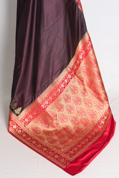 Neha: Coffee Brown and Red Semi Mashru Valkalam Banarasi Saree image 4