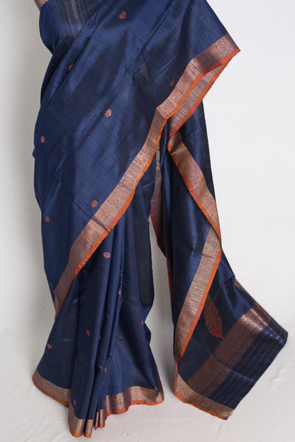 Uma : Midnight Blue Minakari Handwoven Pure Raw Silk Tussar Banarasi Saree image 6