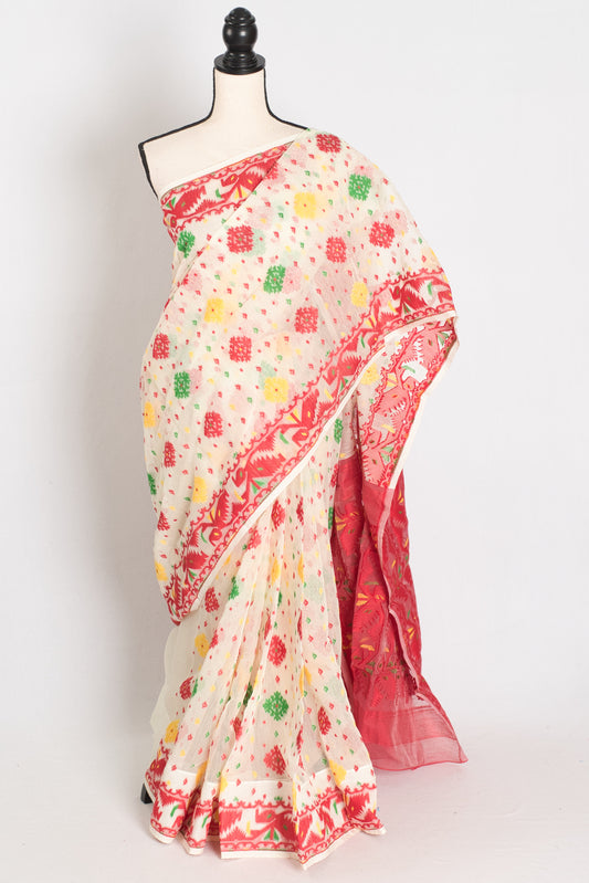 Sneha : Blended Soft Cotton Jamdani Bengali Saree in Cream and Red image 0