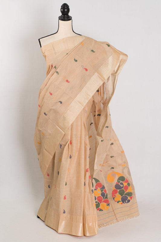 Sandhya | Handwoven Bengal Cotton Jamdani Saree with Tussar Silk Border image 0