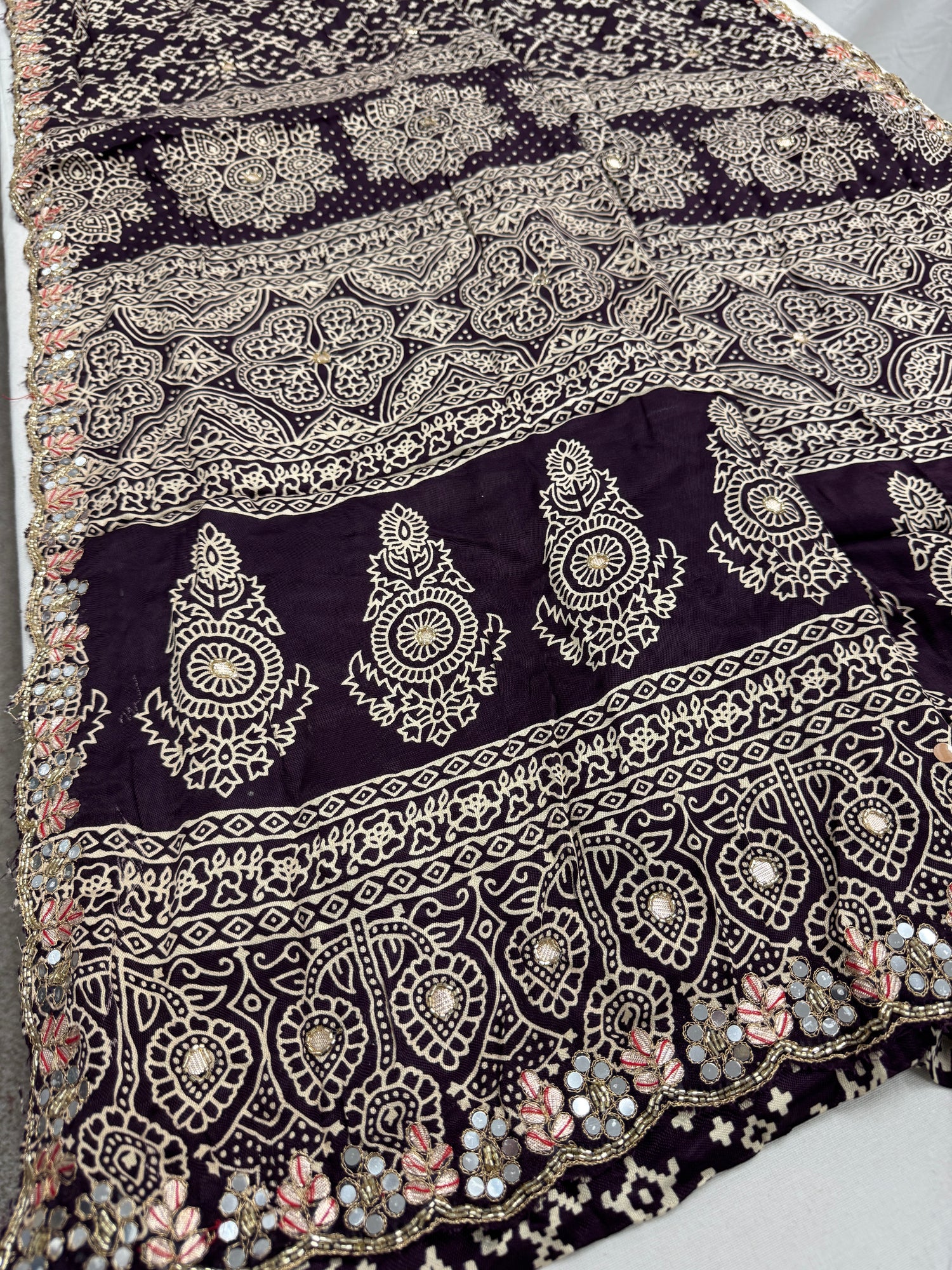 Zehra : Burgundy Modal Silk Ajrakh Saree with Hand Embroidery Saree image 0