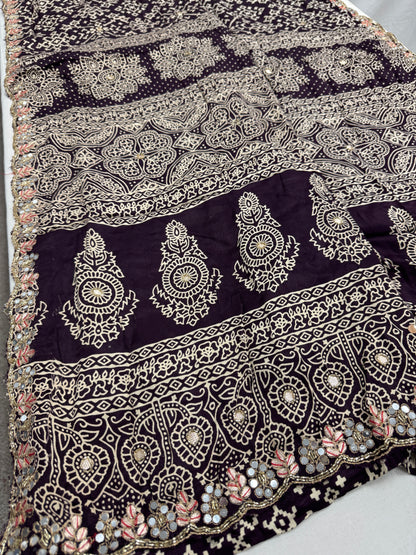 Zehra : Burgundy Modal Silk Ajrakh Saree with Hand Embroidery Saree image 0